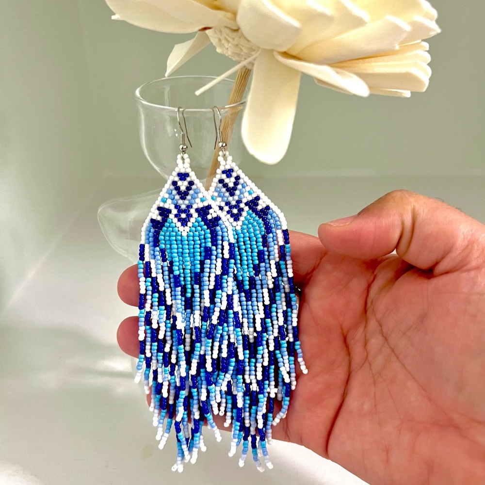 Beautiful Blue Tile Styled Beaded Earrings